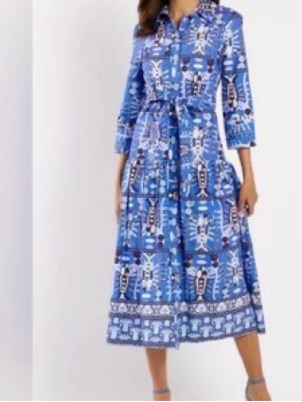 Jude Connally Blue Printed Midi Shirt Dress with Tie Waist